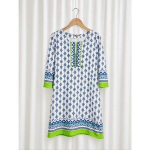 Barbara Gerwit Blue Lime Green Floral Medallion Block Print Coastal Shift Dress
